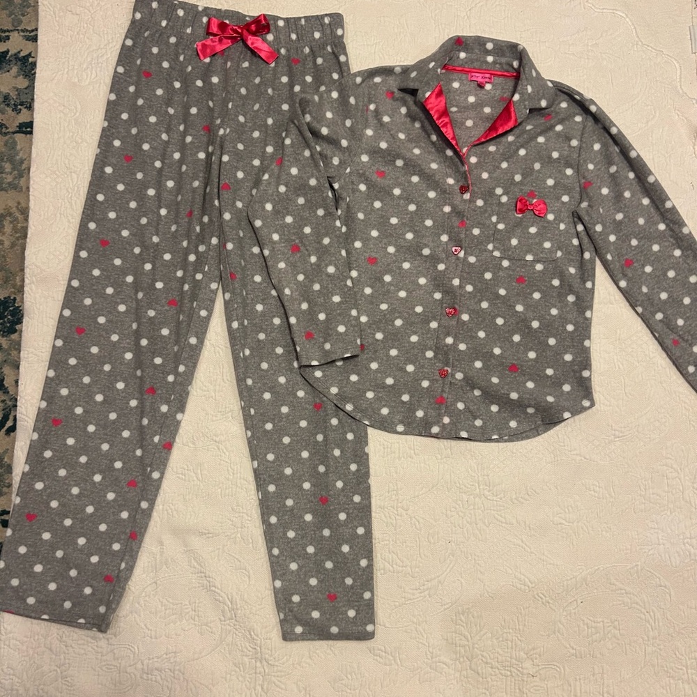 Betsey Johnson Gray Polka Dot Pajamas with Pink Hearts and Bow Accents